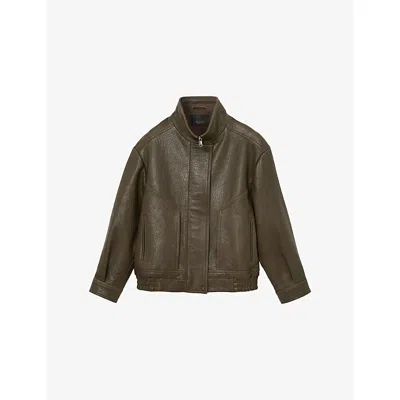 Reiss Womens Khaki Green Kiara Oversized Leather Bomber Jacket
