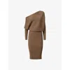 Reiss Womens Mink Lara Off-shoulder Draped Stretch-knit Bodycon Midi Dress In Mink