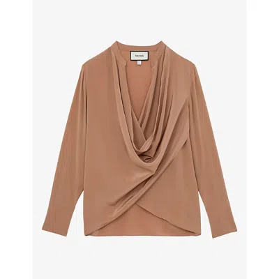Reiss Womens  Lauren Notch-neck Draped Silk Shirt In Camel