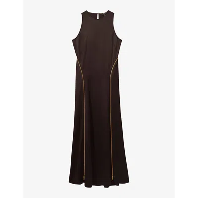 Reiss Womens Leanna Zip-panel Satin And Wool Maxi Dress Chocolate In Chocolate
