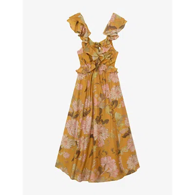 Reiss Womens Yellow Lucy Floral-print Woven Midi Dress