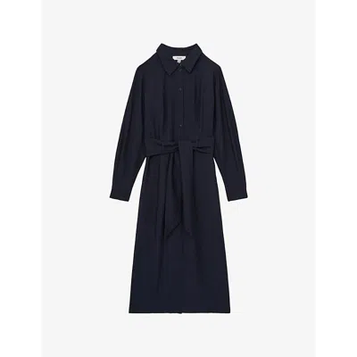Reiss Womens Mabel Belted Woven Midi Dress Navy