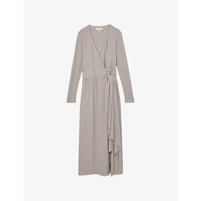 REISS WOMENS GREY MADELINE WRAP-TIE JERSEY MIDI DRESS