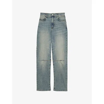 Reiss Womens Mahni Darted-knee Barrel-leg High-rise Stretch-denim Jeans Light Blue