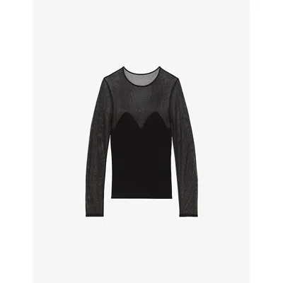 REISS WOMENS BLACK MARGOT SWEETHEART-NECK LONG-SLEEVE STRETCH-MESH TOP