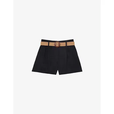 Reiss Womens Navy Matilda Belted-waist Linen-blend Shorts In Blue