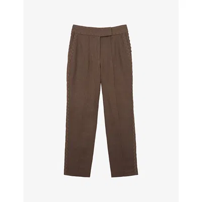 Reiss Womens Brown Mila Wave-trim Linen Trousers