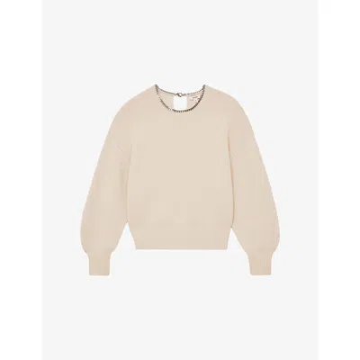 REISS WOMENS CREAM NADIA NECKLACE-EMBROIDERED LONG-SLEEVE WOOL AND CASHMERE-BLEND JUMPER