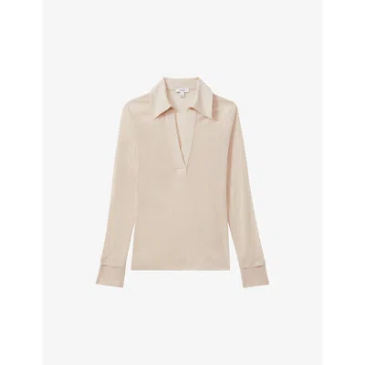 Reiss Womens Stone Nixi Open-collar Slim-fit Woven Top In Stone