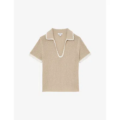 Reiss Womens Neutral White Ottilie Open-collar Cotton And Linen Top In Brown