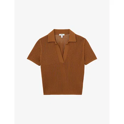 Reiss Womens Rust Orange Pippa Open-stitch Woven Polo Shirt