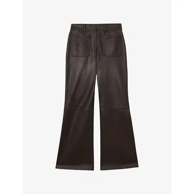 Reiss Womens Chocolate Brown Priya Flared-leg Leather Trousers
