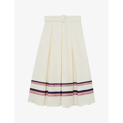 Reiss Womens Cream Rian Stripe-print Stretch-cotton Midi Skirt In White
