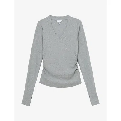 Reiss Grey Marl Cotton-stretch V-neck Ruched Top In Gray