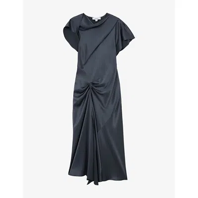 Reiss Womens Slate Grey Sasha Drape-detail Satin Midi Dress In Blue