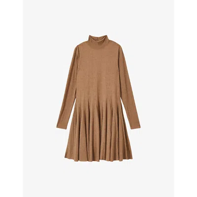 Reiss Womens  Savannah Ribbed Flared Jersey Mini Dress In Camel