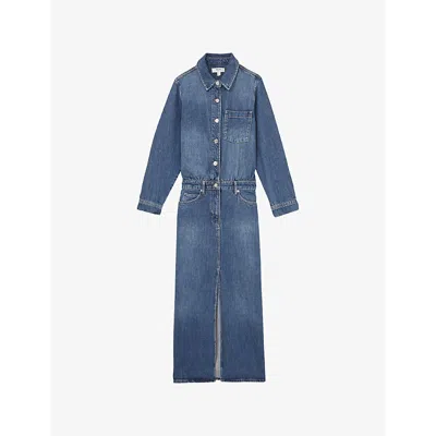 Reiss Womens Terra Front-slit Denim Midi Dress Indigo