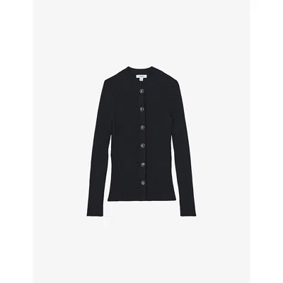 REISS WOMENS NAVY TULA RIBBED KNITTED CARDIGAN