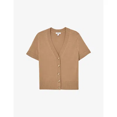 Reiss Womens Camel V-neck Short-sleeve Cotton And Wool-blend Cardigan In Brown