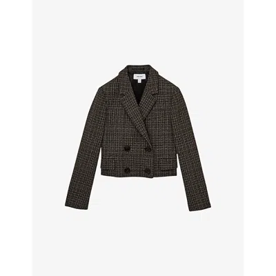 Reiss Womens  Vienna Double-breasted Cropped Wool-blend Blazer In Brown Check