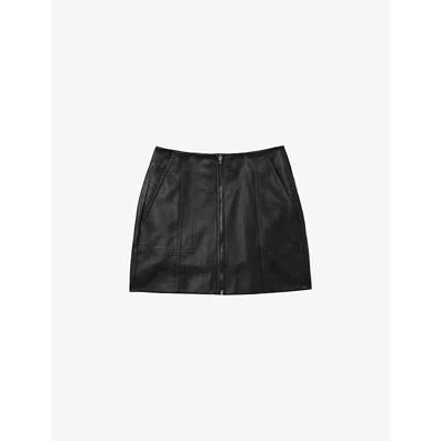 Reiss Womens Black Zip-front High-rise Leather Mini Skirt