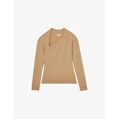 REISS WOMENS ZOIE SLANT-NECK LONG-SLEEVE STRETCH-KNIT TOP CAMEL