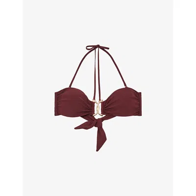 Reiss Womens Rhubarb Red Johannah Halter-neck Stretch-woven Bandeau Bikini Top In Brown