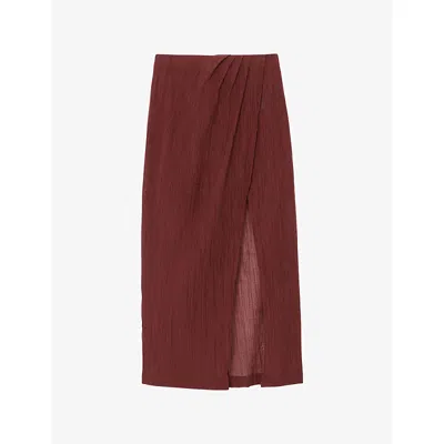 Reiss Womens Rhubarb Red Rosa Wrap-front Cotton-blend Maxi Skirt In Brown