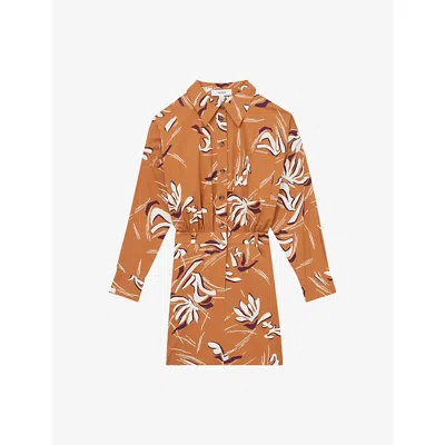 Reiss Womens Floral-print Gathered-waist Cotton Dress Rust