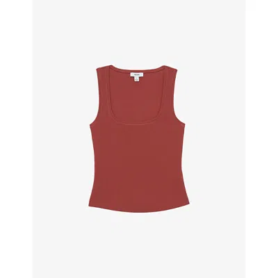 Reiss Womens Rust Red Riva Square-neck Ribbed Stretch-cotton Vest