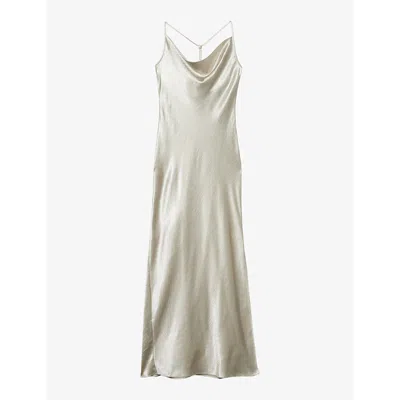 Reiss Silver Paisley Cowl Neck Hammered Satin Slip Dress