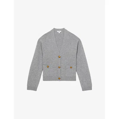Reiss Womens Mila V-neck Button-up Wool And Cashmere-blend Cardigan Silver Grey Xs In Gray