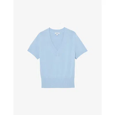 Reiss Womens Soft Blue Valerie V-neck Cotton And Wool-blend Knitted Top