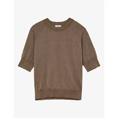 Reiss Womens Susanne Short-sleeve Metallic-knit Top Bronze In Brown