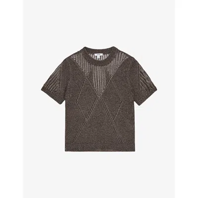 Reiss Womens Tamsin Short-sleeved Knitted Top Gunmetal Grey Xs