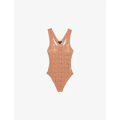 Reiss Womens Tan Low-neck Ladder-knit Slim-fit Woven Bodysuit