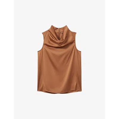 Reiss Womens  Manon Cowl-neck Relaxed-fit Stretch-woven Top In Tan