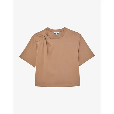 Reiss Womens Taupe Brown Esme Twist-shoulder Cotton T-shirt