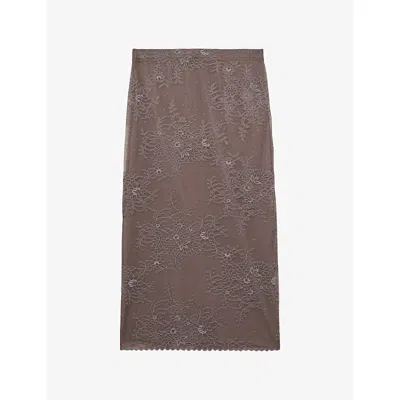Reiss Womens Rita Elasticated-waist Floral-lace Woven Midi Skirt Taupe Brown