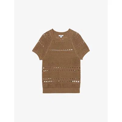 Reiss Womens Taupe Neutral Chloe Textured Short-sleeve Linen Top In Brown