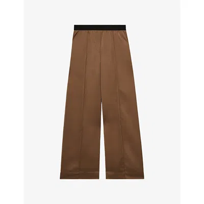 Reiss Womens Elsie Elasticated-waist Wide-leg Satin Trousers Taupe Neutral