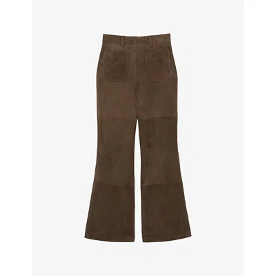 Reiss Womens Taupe Neutral Priya Flared Suede Trousers In Brown
