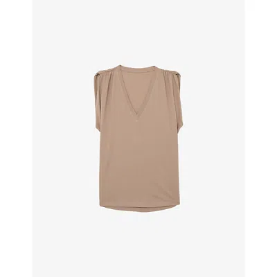Reiss Womens Taupe Neutral Renee V-neck Gathered-detail Cotton T-shirt In Brown