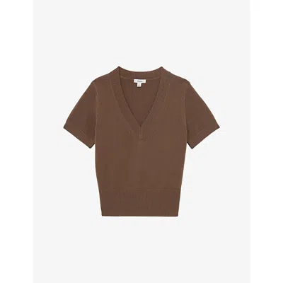 Reiss Womens Taupe Neutral Valerie V-neck Cotton And Wool-blend Knitted Top In Brown