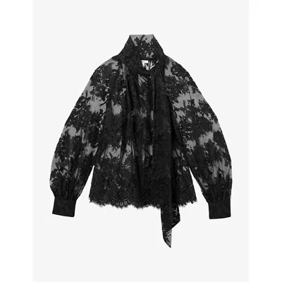 Reiss Womens Tie-neck Long-sleeve Lace Blouse Black