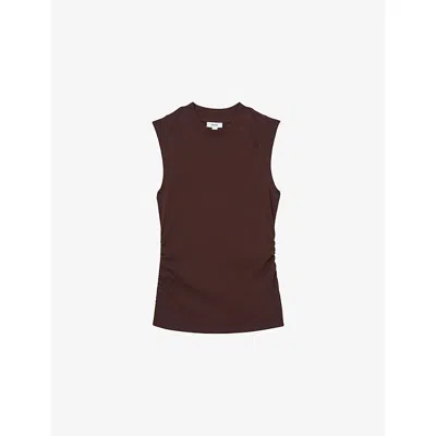 Reiss Womens Chocolate Trudy Round-neck Ruched-side Ribbed Stretch-cotton Vest