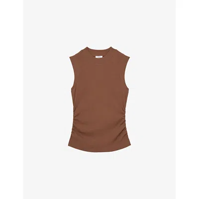 Reiss Womens Trudy Round-neck Ruched-side Ribbed Stretch-cotton Vest Toffee Brown