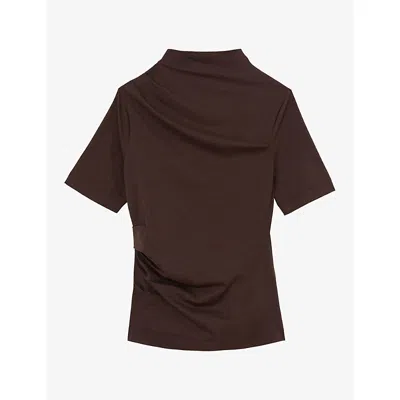 Reiss Womens Tulia Draped High-neck Stretch Cotton-blend Top Grape Burgundy