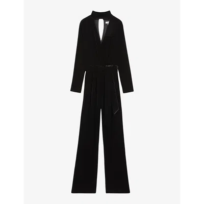 Reiss Womens Vera Wrap-neck Belted-waist Velvet Jumpsuit Black