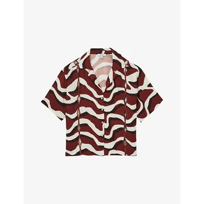 Reiss Womens White Brown Eva Wave-print Cut-out Woven Shirt